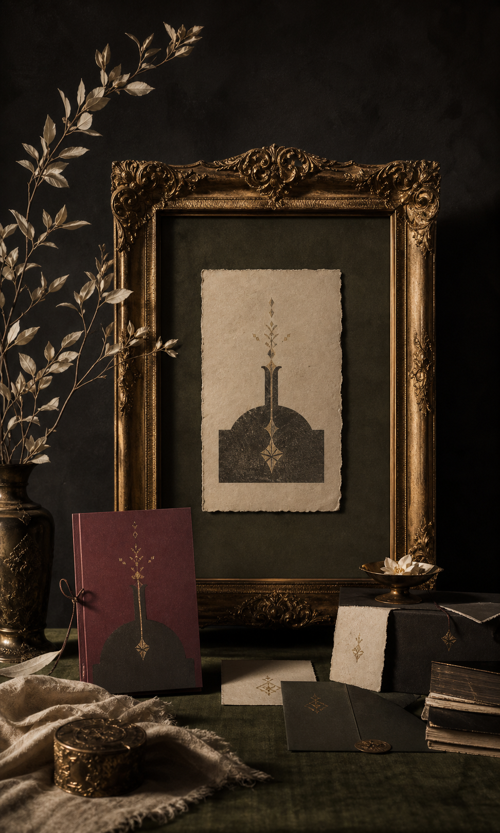 A gilded frame and layered brand materials on a dark studio table