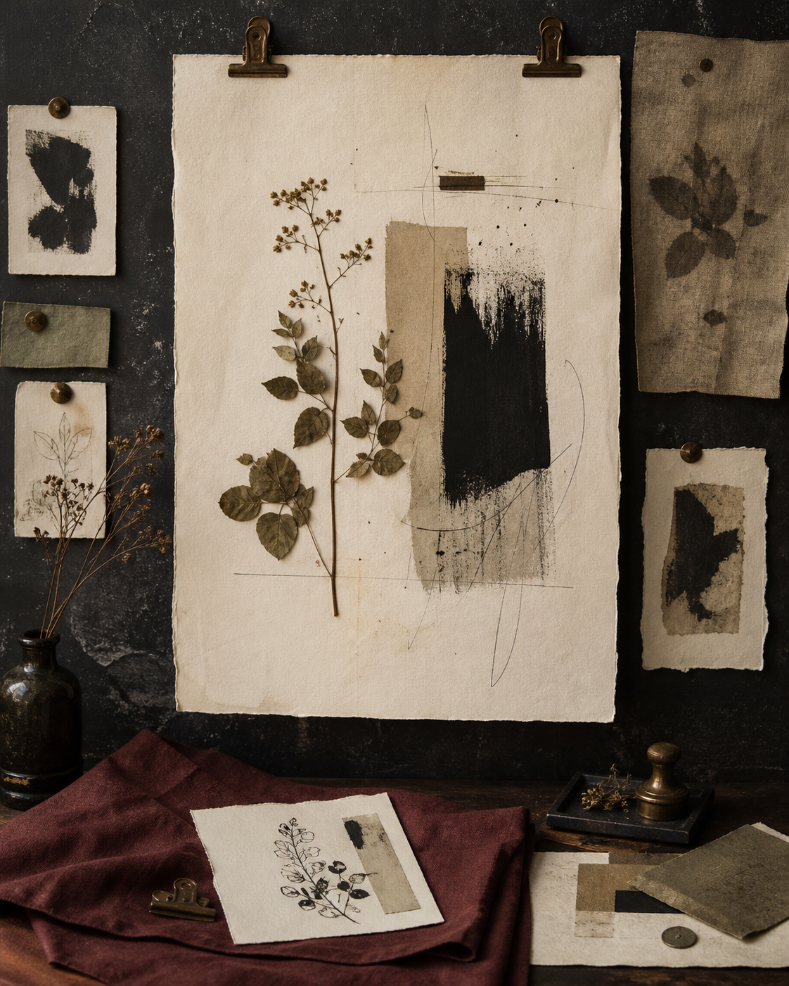 Botanical design study pinned to an aged wall with paper and textile